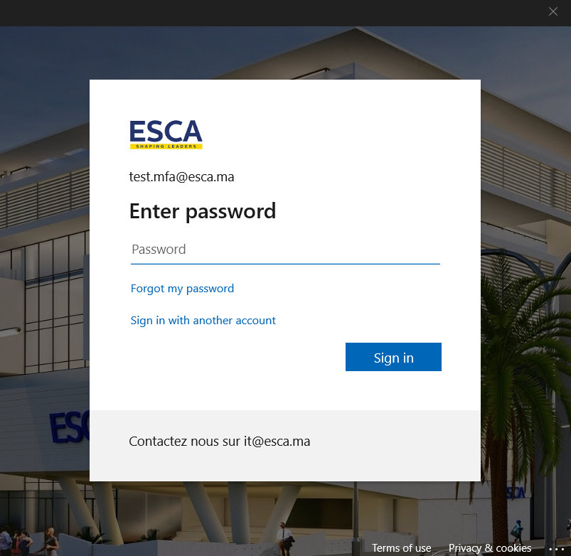 ESCA login screen showing email and password fields