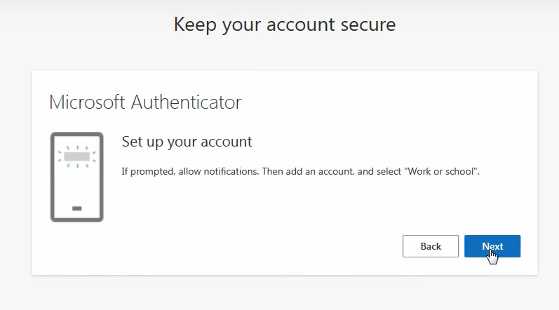 Microsoft Authenticator app setup screen