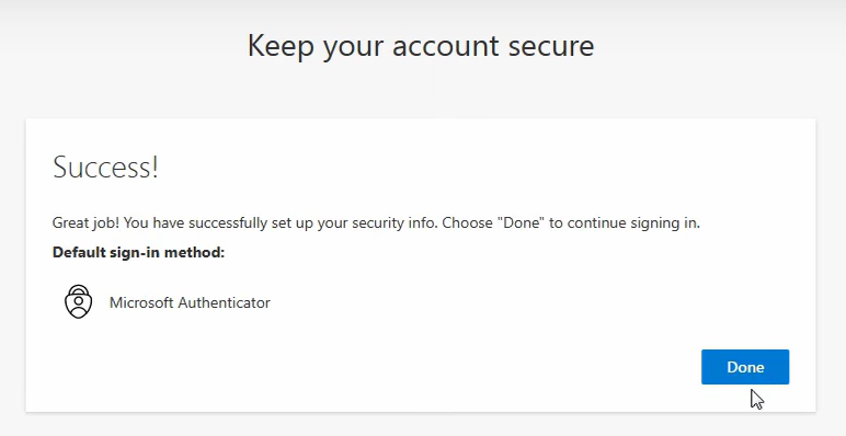 MFA setup completion confirmation screen
